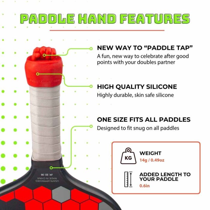 Paddle Hands fist bump design – silicone pickleball paddle cover with feature descriptions highlighting durability, secure fit, and paddle protection. One size fits all. Weight is 14g, added length to paddle is .6 inches.