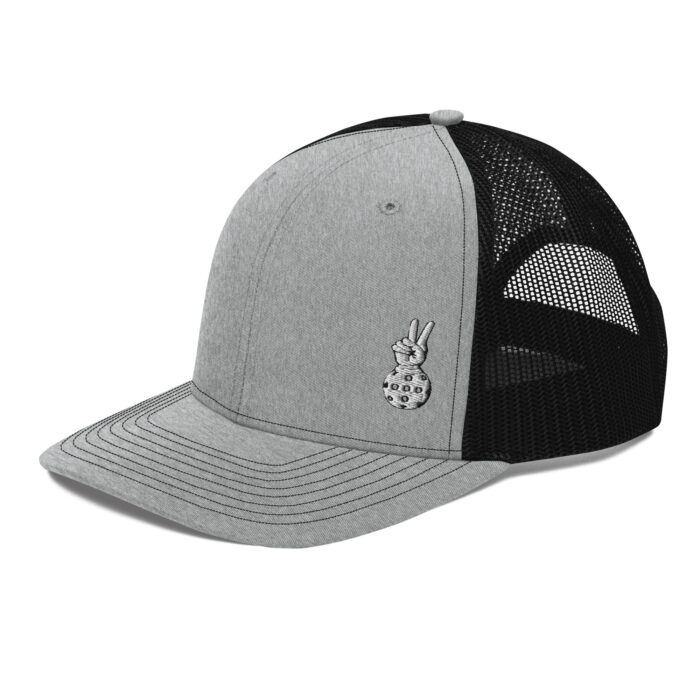 Grey black trucker hat with the paddle hands logo on the bottom left corner. Side profile.