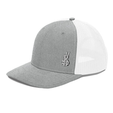 Grey white trucker hat with the paddle hands logo on the bottom left corner. Side profile.