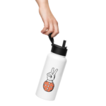 32 oz water container, white, with the paddle hands logo on the container. Features someone holding the container.