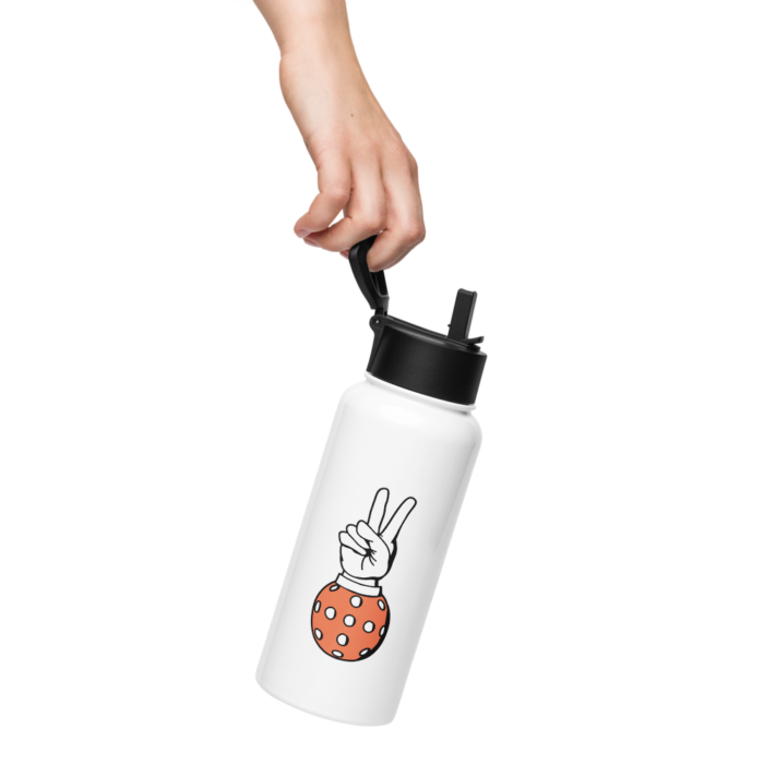 32 oz water container, white, with the paddle hands logo on the container. Features someone holding the container.