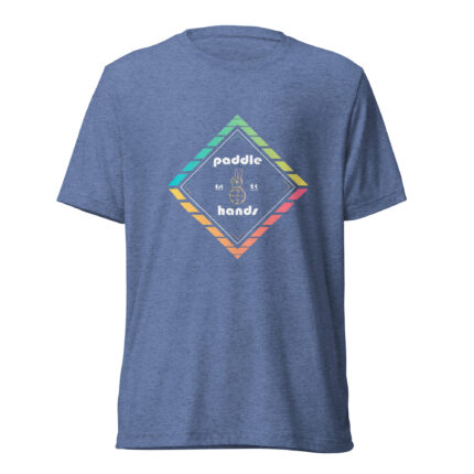 Paddle Hands shirt with gradient colors. Blue background front profile.