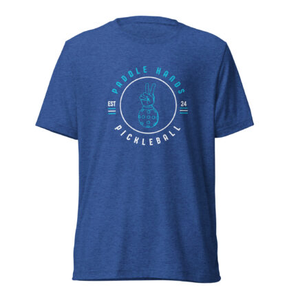 Established '24 t-shirt. Paddle hands Pickleball, on blue background. Front profile